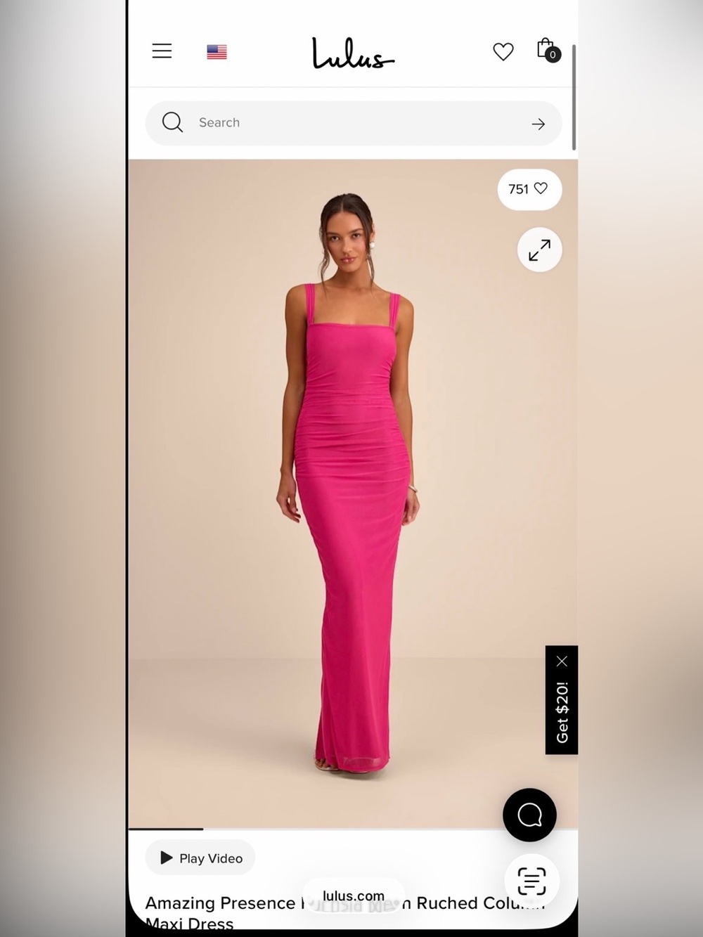 Lulu's Hot Pink Square-Neck Ruched Maxi Dress